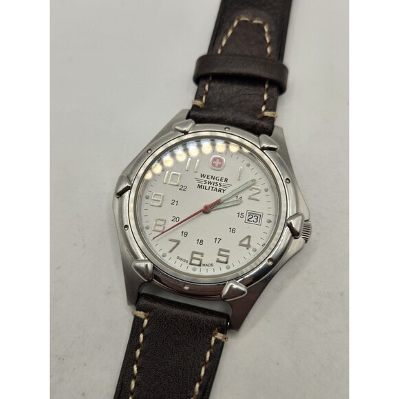 Wenger Swiss Military Men's 43mm Silver Tone Watch. New Leather Band + Battery - Picture 2 of 14